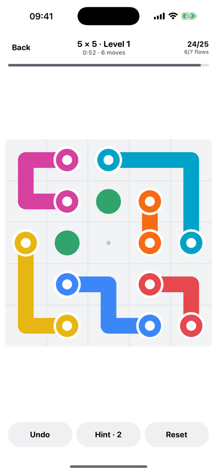 A 5×5 DotMaze board part-way through being solved
