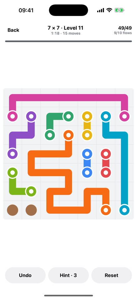 A busier 7×7 DotMaze board with ten flows