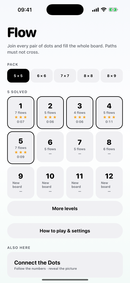 The DotMaze level list, showing five packs from 5×5 to 8×9